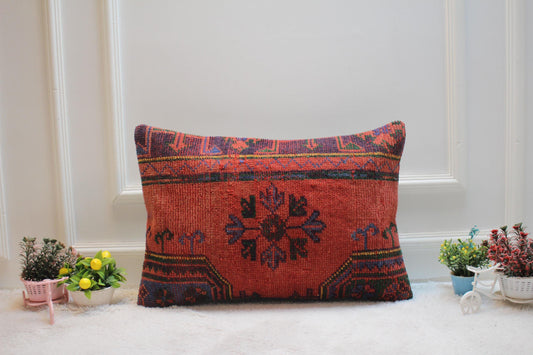 Handmade Red Kilim Pillow Cover: Upcycled Woven Rug (16x24 inc)