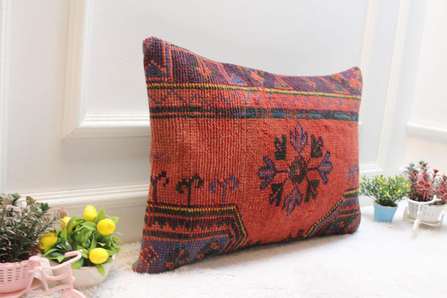 Handmade Red Kilim Pillow Cover: Upcycled Woven Rug (16x24 inc)