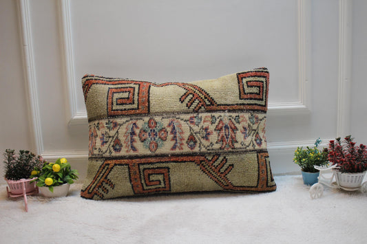 Handmade Turkish Kilim Lumbar Pillow Cover: Patchwork Rug Pillow (16x24 in)