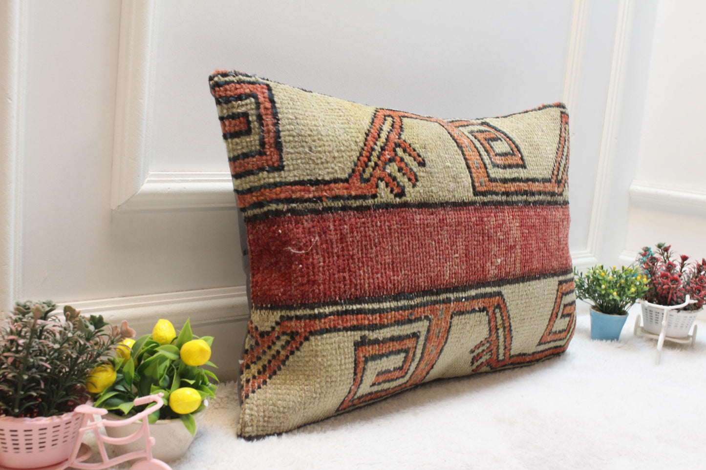 Handmade Kilim Pillow Cover: Upcycled Woven Rug, Geometric Design (16x24in)