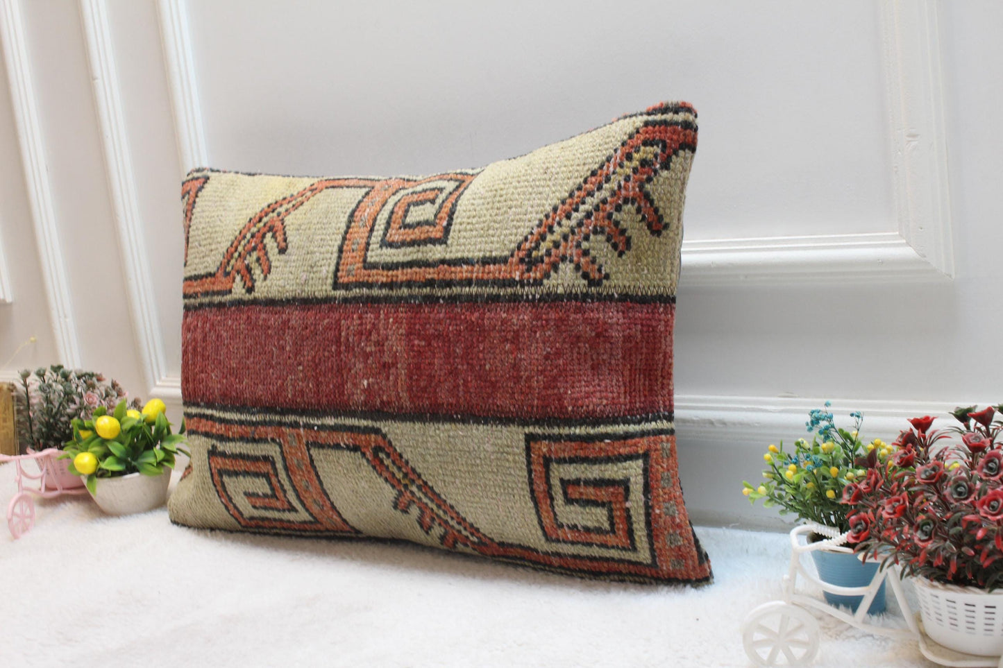 Handmade Kilim Pillow Cover: Upcycled Woven Rug, Geometric Design (16x24in)