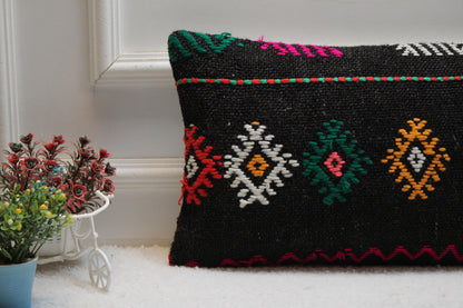 Geometric Kilim Lumbar Pillow Cover: Black Woven Rug, 12x24 inch