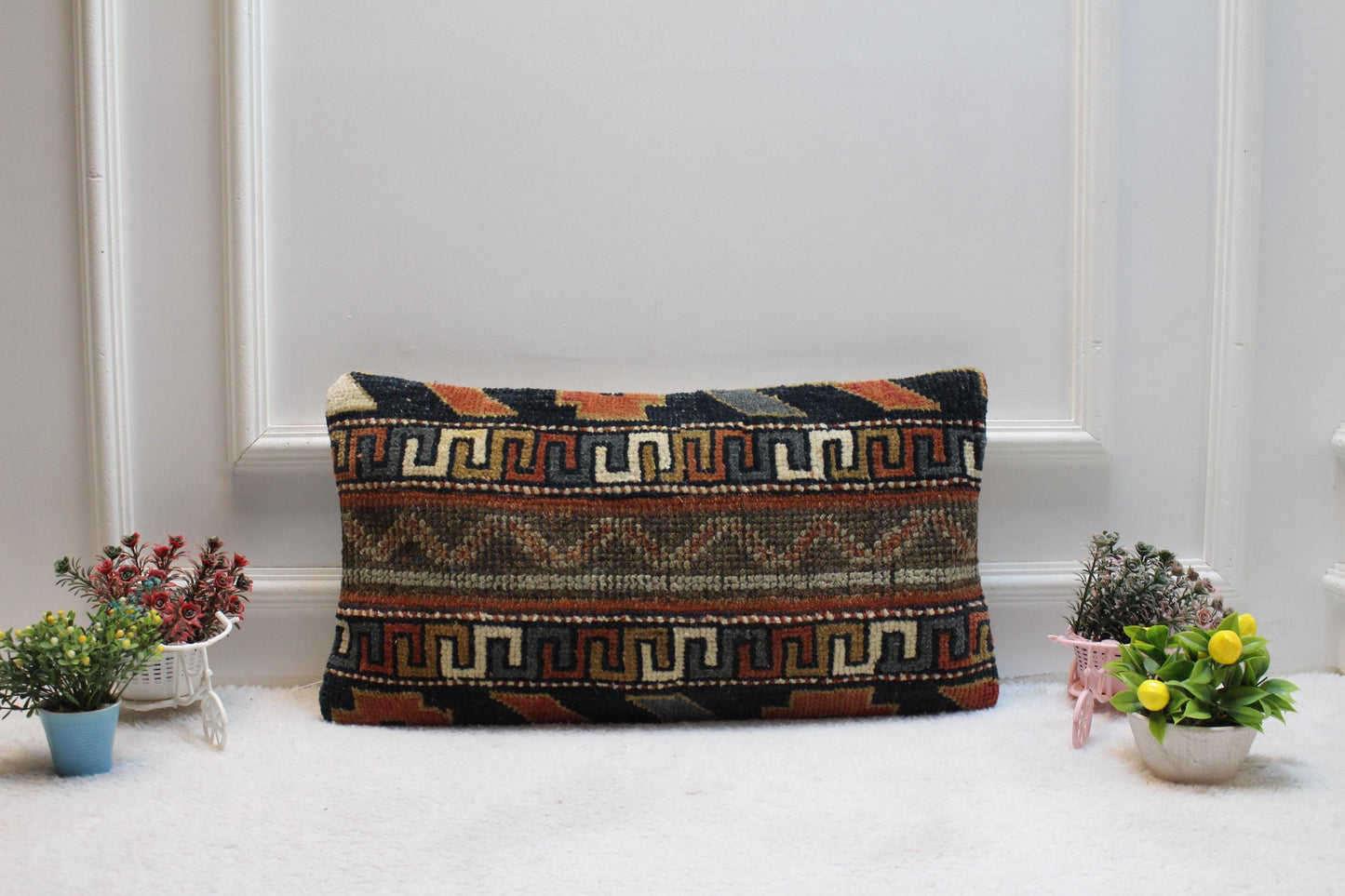 Handmade Kilim Pillow Cover: Upcycled Woven Rug, Geometric Design (12x24 in)