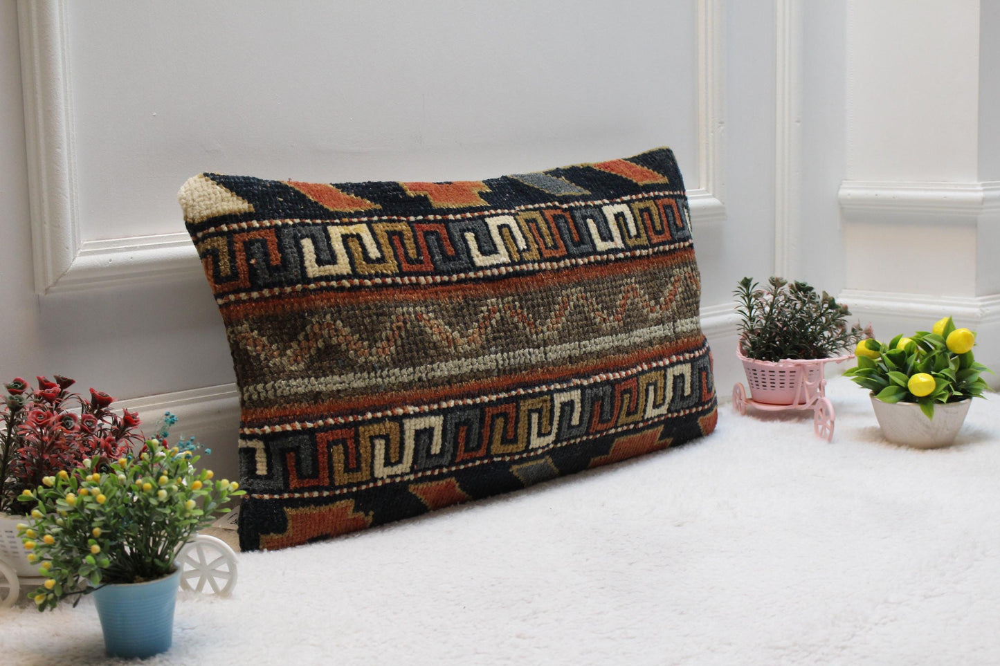 Handmade Kilim Pillow Cover: Upcycled Woven Rug, Geometric Design (12x24 in)