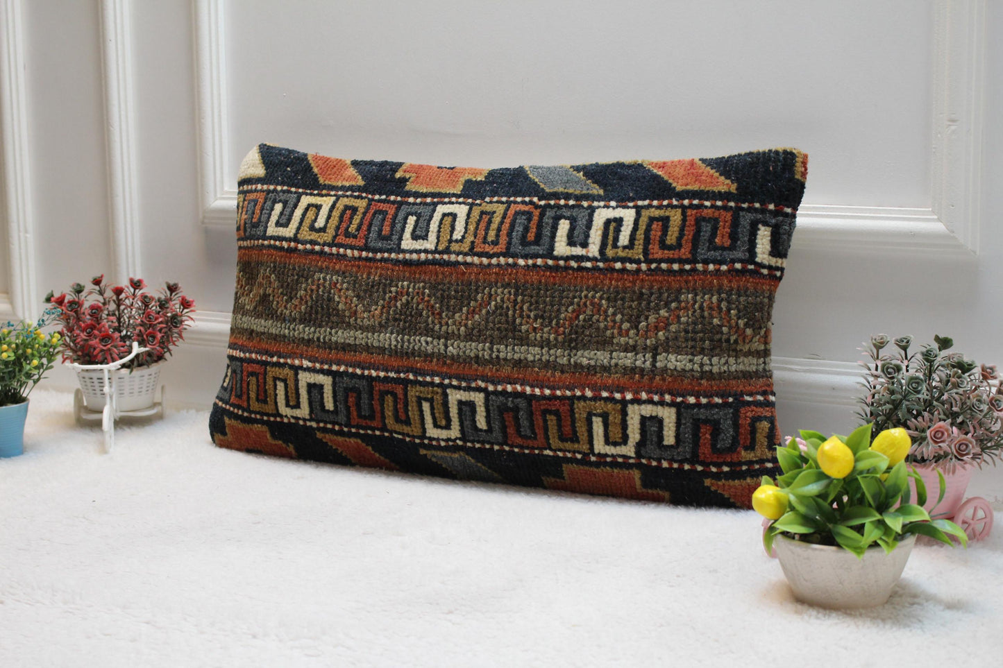 Handmade Kilim Pillow Cover: Upcycled Woven Rug, Geometric Design (12x24 in)