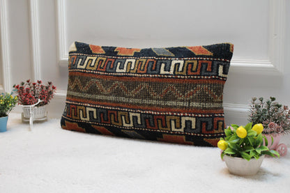 Handmade Kilim Pillow Cover: Upcycled Woven Rug, Geometric Design (12x24 in)