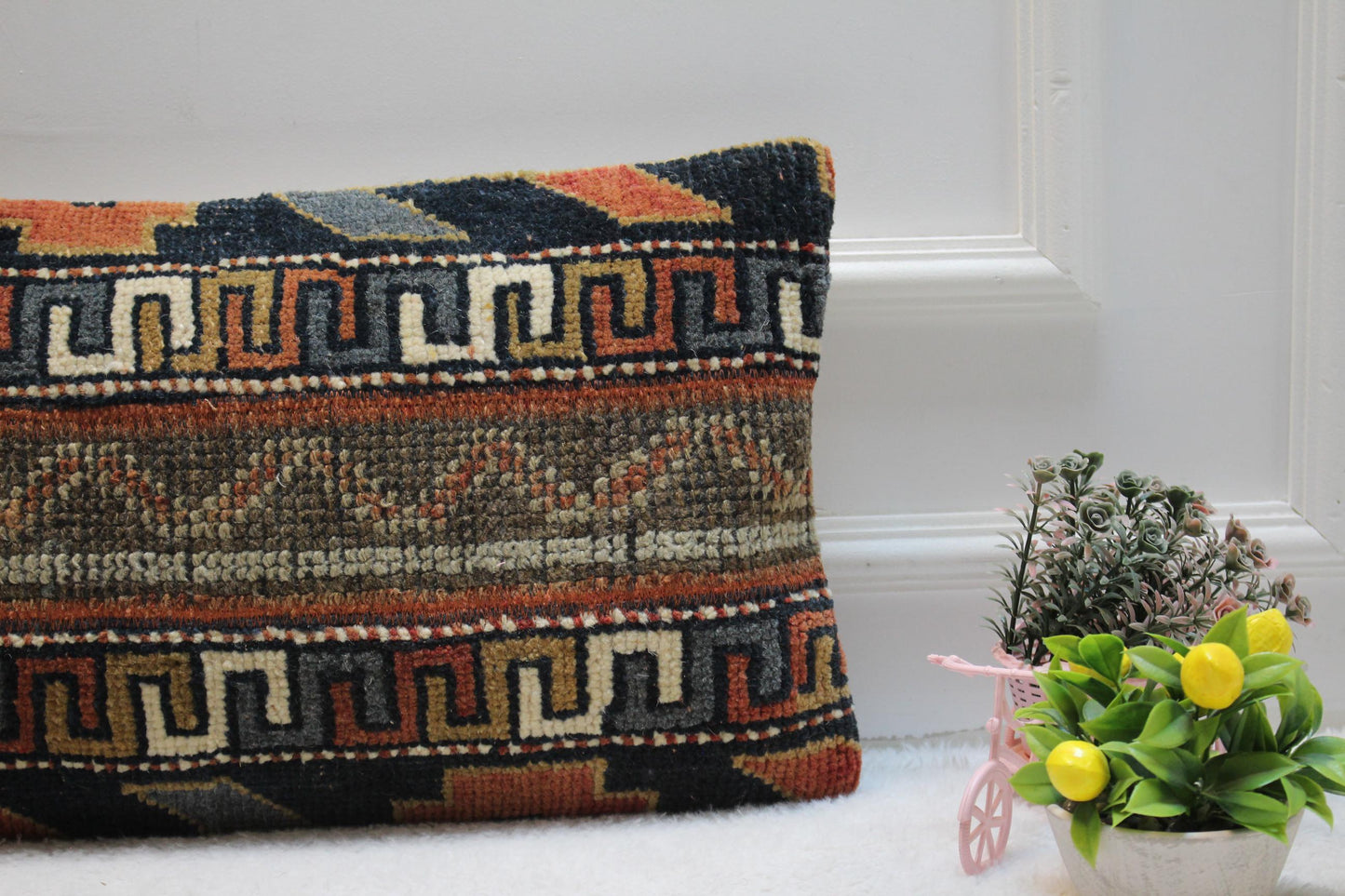 Handmade Kilim Pillow Cover: Upcycled Woven Rug, Geometric Design (12x24 in)