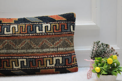 Handmade Kilim Pillow Cover: Upcycled Woven Rug, Geometric Design (12x24 in)
