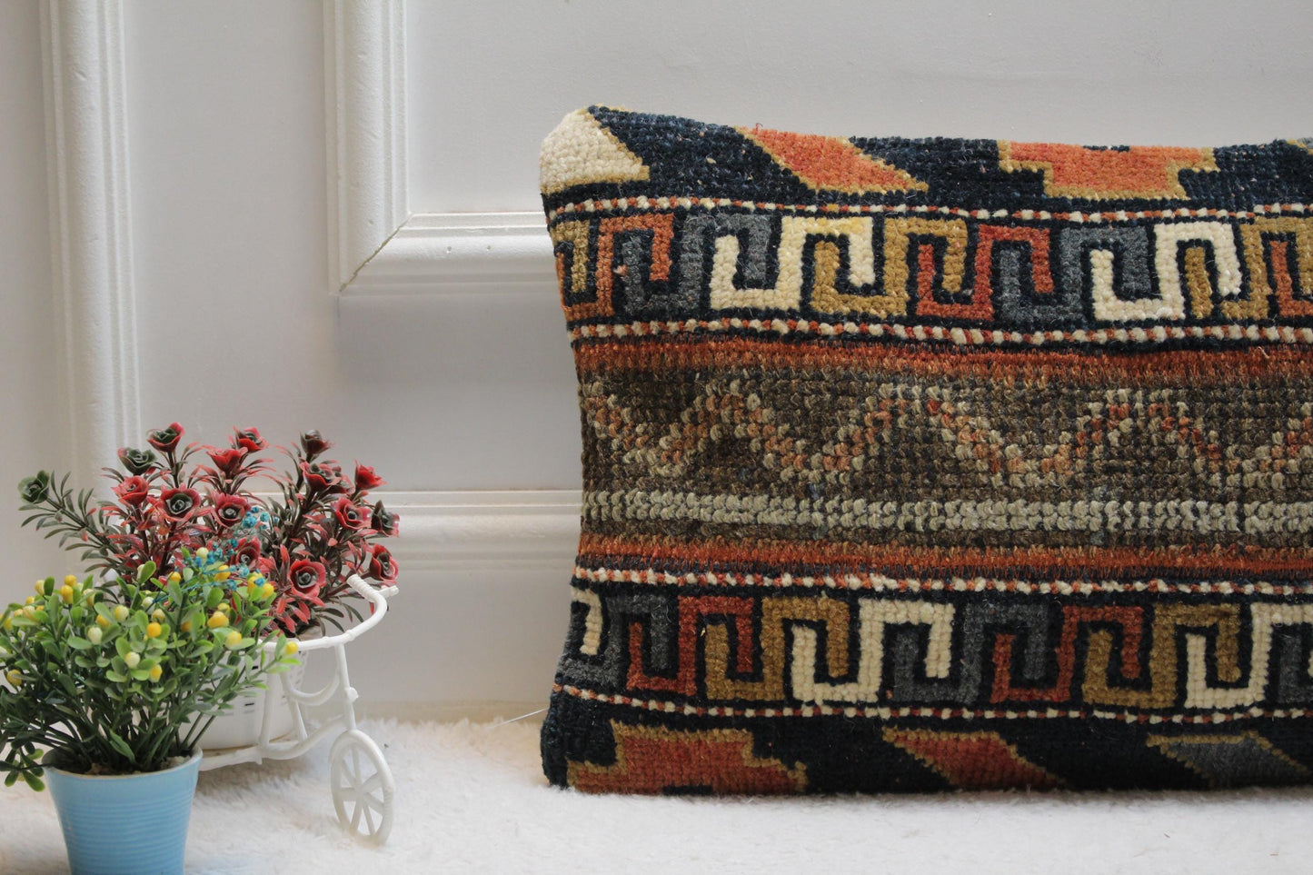 Handmade Kilim Pillow Cover: Upcycled Woven Rug, Geometric Design (12x24 in)