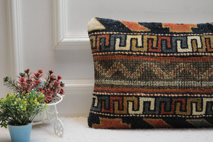Handmade Kilim Pillow Cover: Upcycled Woven Rug, Geometric Design (12x24 in)