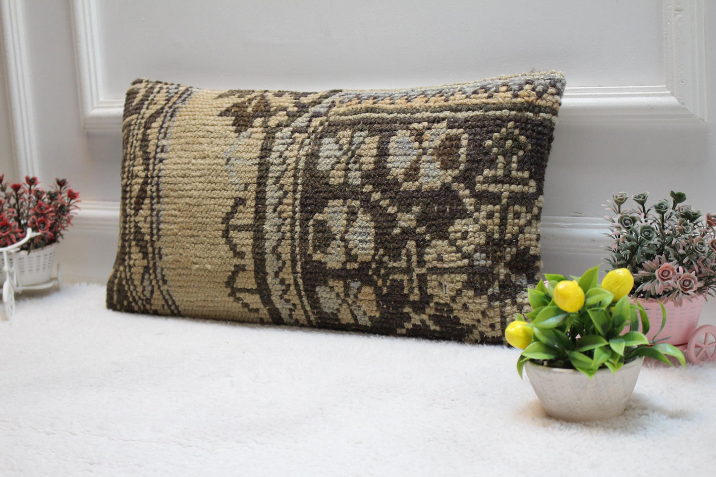 Vintage Turkish Rug Lumbar Pillow Cover: Beige Wool Anatolian Pillow (12x24 in)