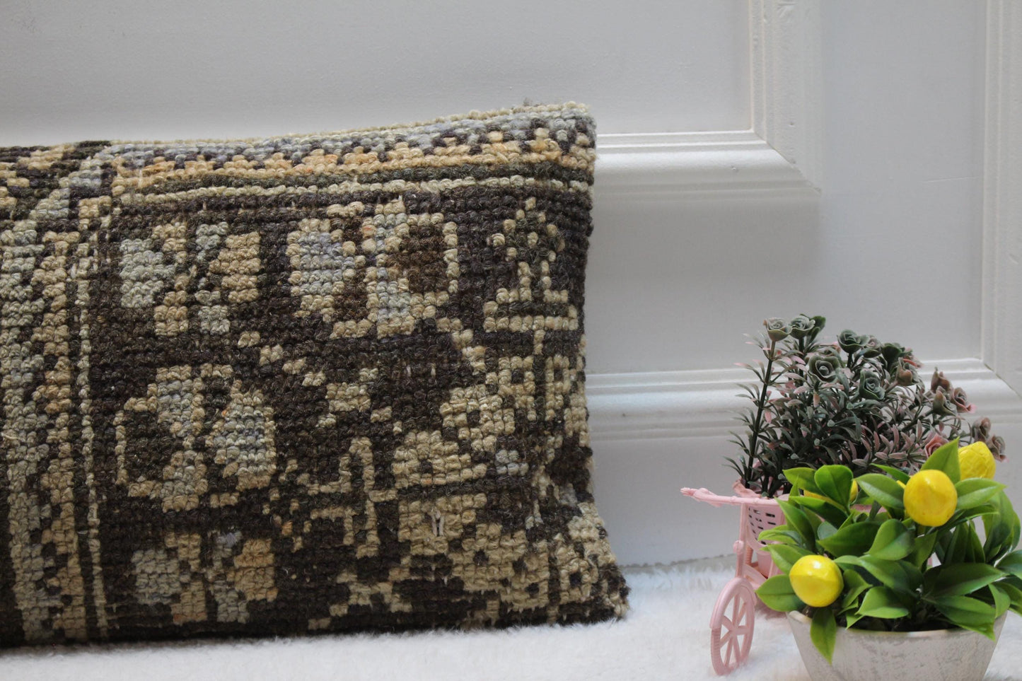 Vintage Turkish Rug Lumbar Pillow Cover: Beige Wool Anatolian Pillow (12x24 in)