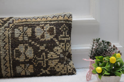 Vintage Turkish Rug Lumbar Pillow Cover: Beige Wool Anatolian Pillow (12x24 in)