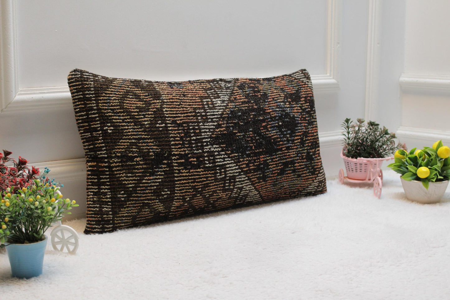 Handmade Kilim Lumbar Pillow Cover: Geometric Boho Design (12x24 inc)