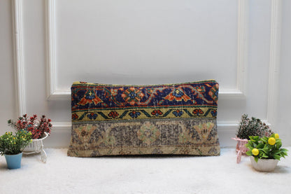 Handmade Kilim Lumbar Pillow Cover: Upcycled Woven Wool, Boho Patchwork (12x24 in)