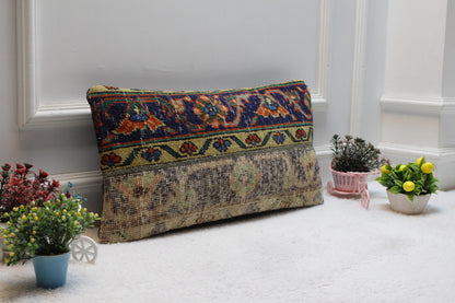 Handmade Kilim Lumbar Pillow Cover: Upcycled Woven Wool, Boho Patchwork (12x24 in)