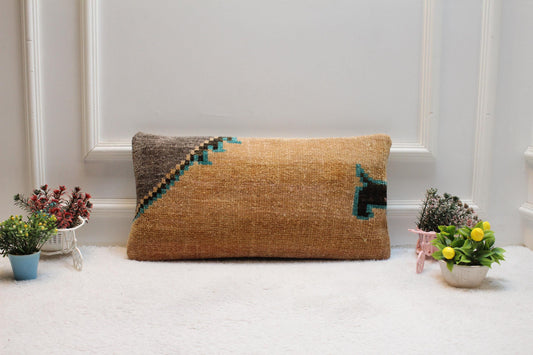 Vintage Turkish Rug Lumbar Pillow Cover: Orange Brown Boho Decor (12x24 in)