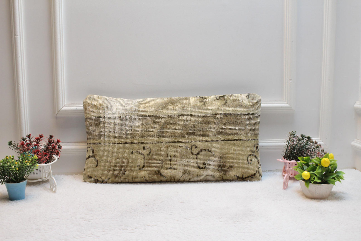 Beige Vintage Turkish Rug Lumbar Pillow Cover: Handmade Wool, 12x24 inch