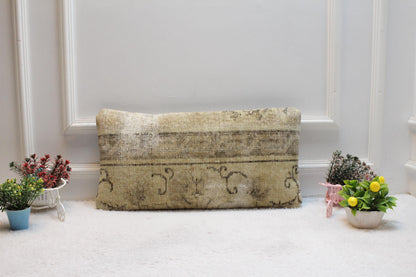 Beige Vintage Turkish Rug Lumbar Pillow Cover: Handmade Wool, 12x24 inch