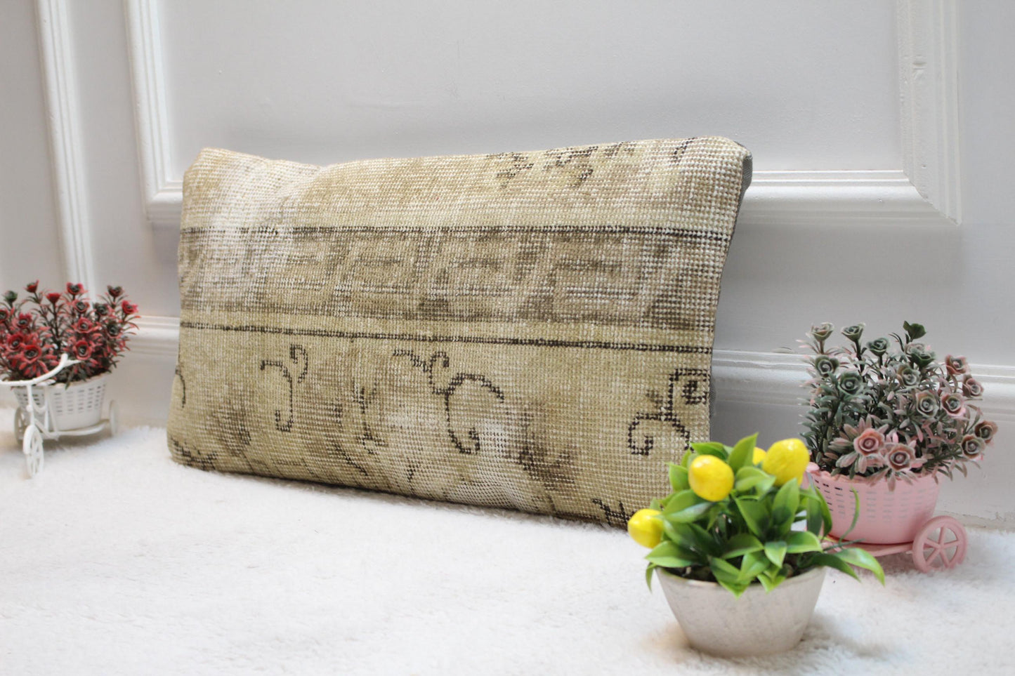 Beige Vintage Turkish Rug Lumbar Pillow Cover: Handmade Wool, 12x24 inch