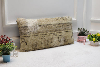 Beige Vintage Turkish Rug Lumbar Pillow Cover: Handmade Wool, 12x24 inch