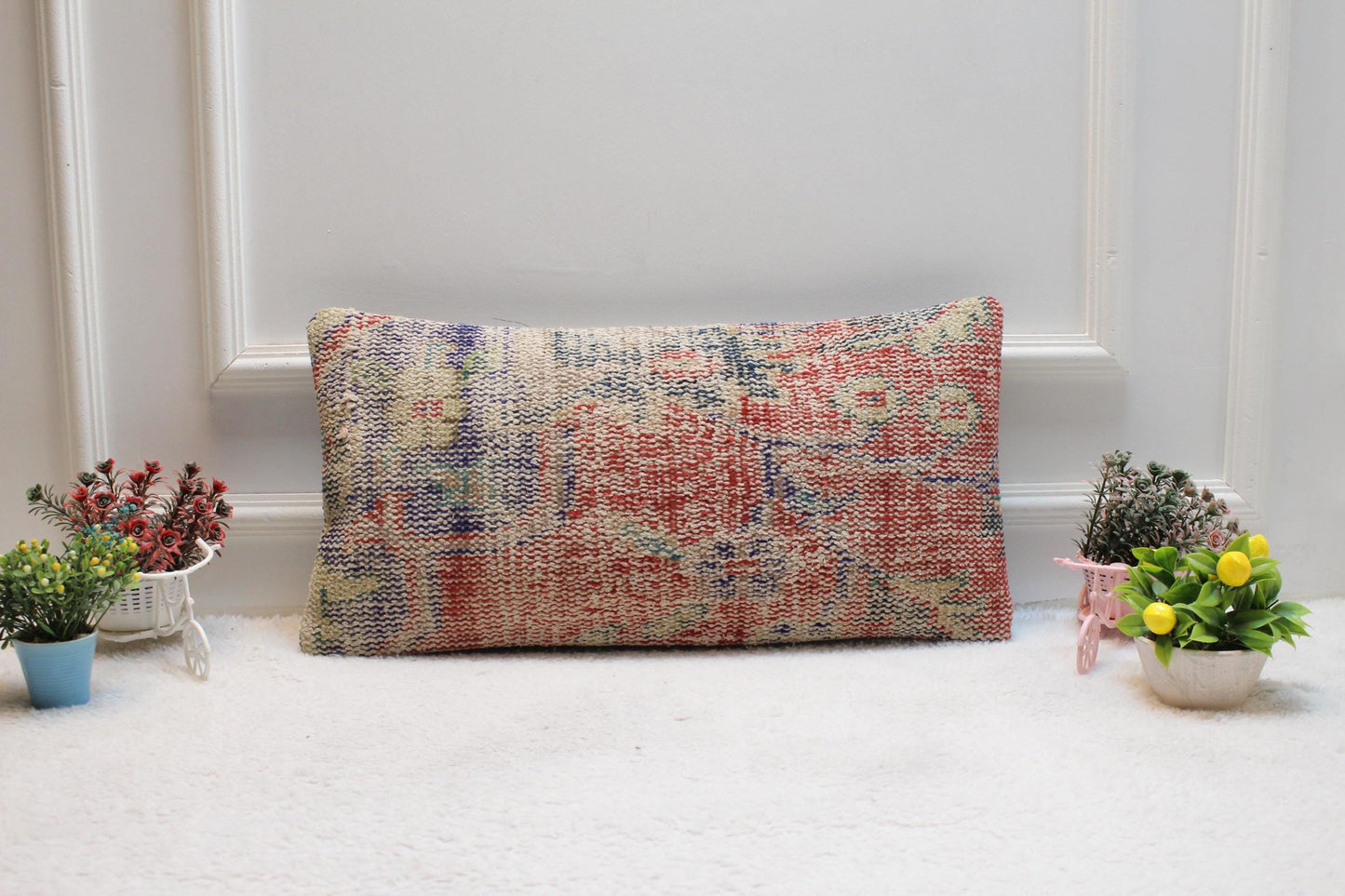 Handmade Turkish Rug Lumbar Pillow Cover: Organic Wool, 12x24 inch
