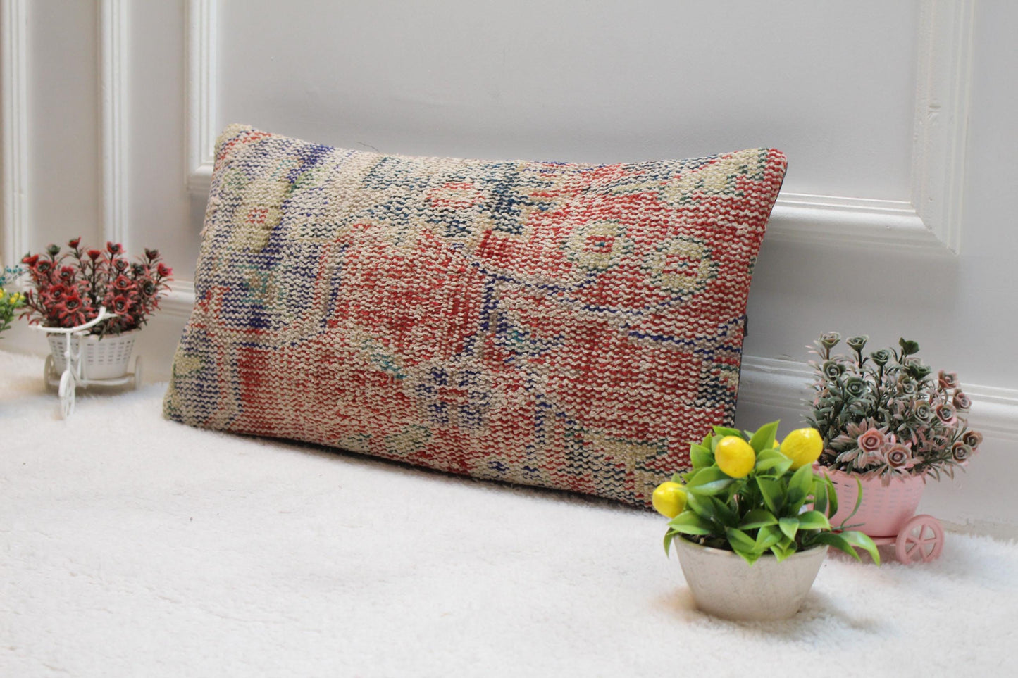 Handmade Turkish Rug Lumbar Pillow Cover: Organic Wool, 12x24 inch