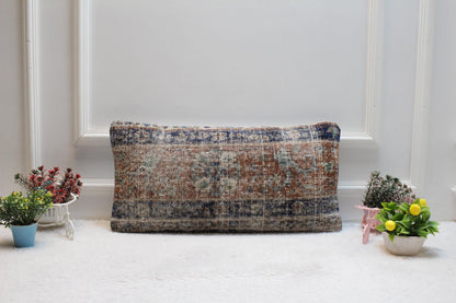 Blue Vintage Turkish Rug Pillow Cover: Organic Wool Lumbar Pillow (12x24 in)