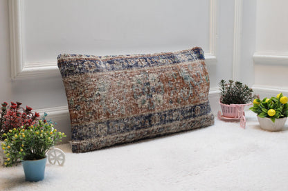 Blue Vintage Turkish Rug Pillow Cover: Organic Wool Lumbar Pillow (12x24 in)
