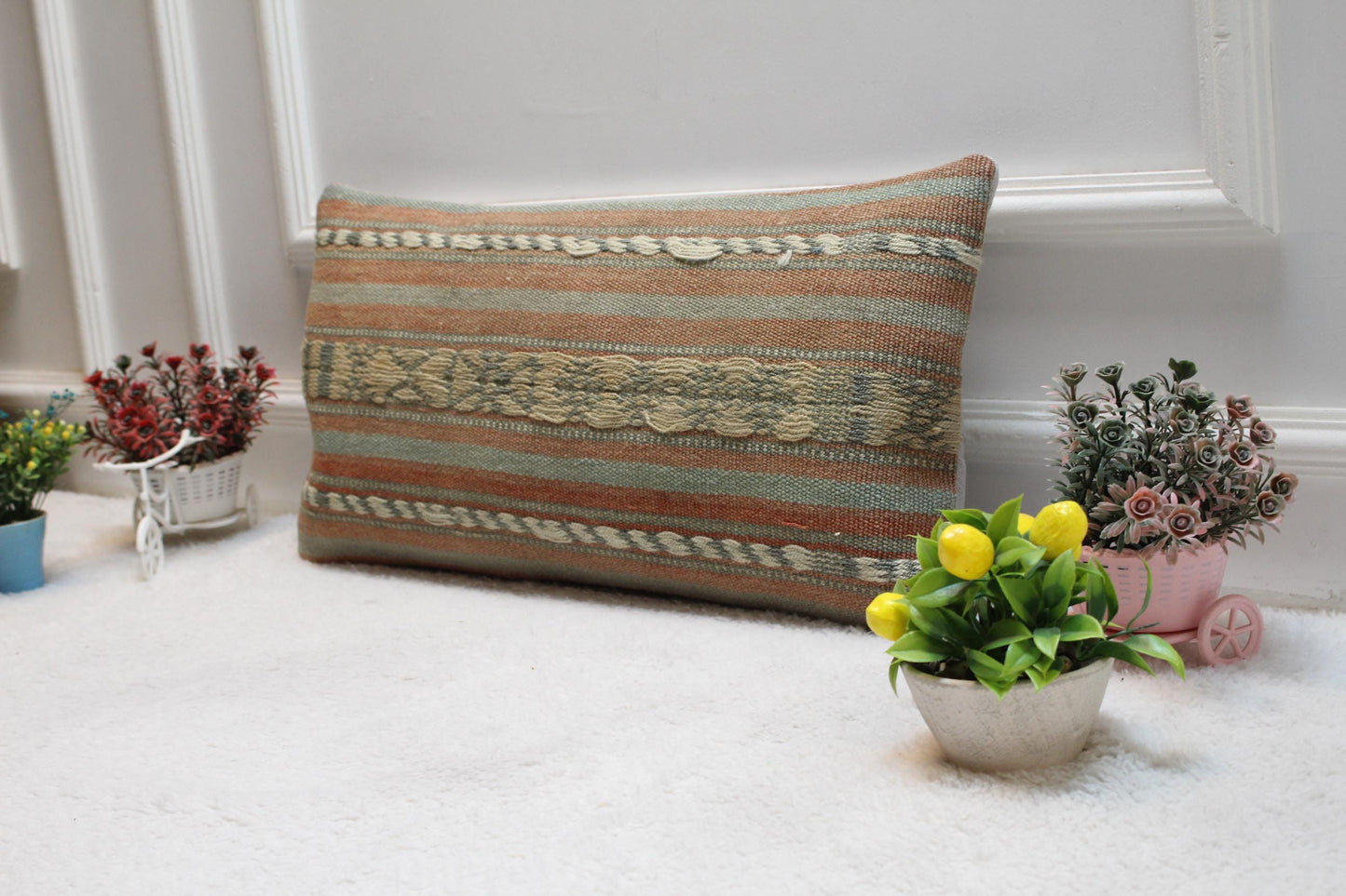 Striped Kilim Lumbar Pillow Cover: 12x24 Boho Decor
