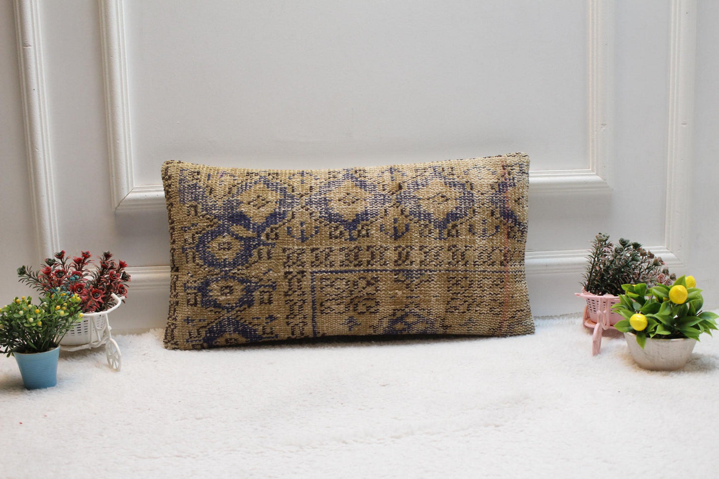 Blue Boho Turkish Rug Pillow Cover: Organic Wool Lumbar Pillow, 12x24