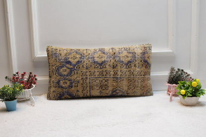 Blue Boho Turkish Rug Pillow Cover: Organic Wool Lumbar Pillow, 12x24