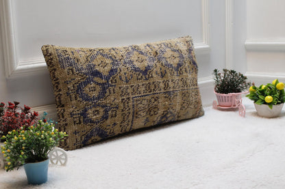 Blue Boho Turkish Rug Pillow Cover: Organic Wool Lumbar Pillow, 12x24