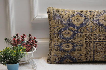 Blue Boho Turkish Rug Pillow Cover: Organic Wool Lumbar Pillow, 12x24