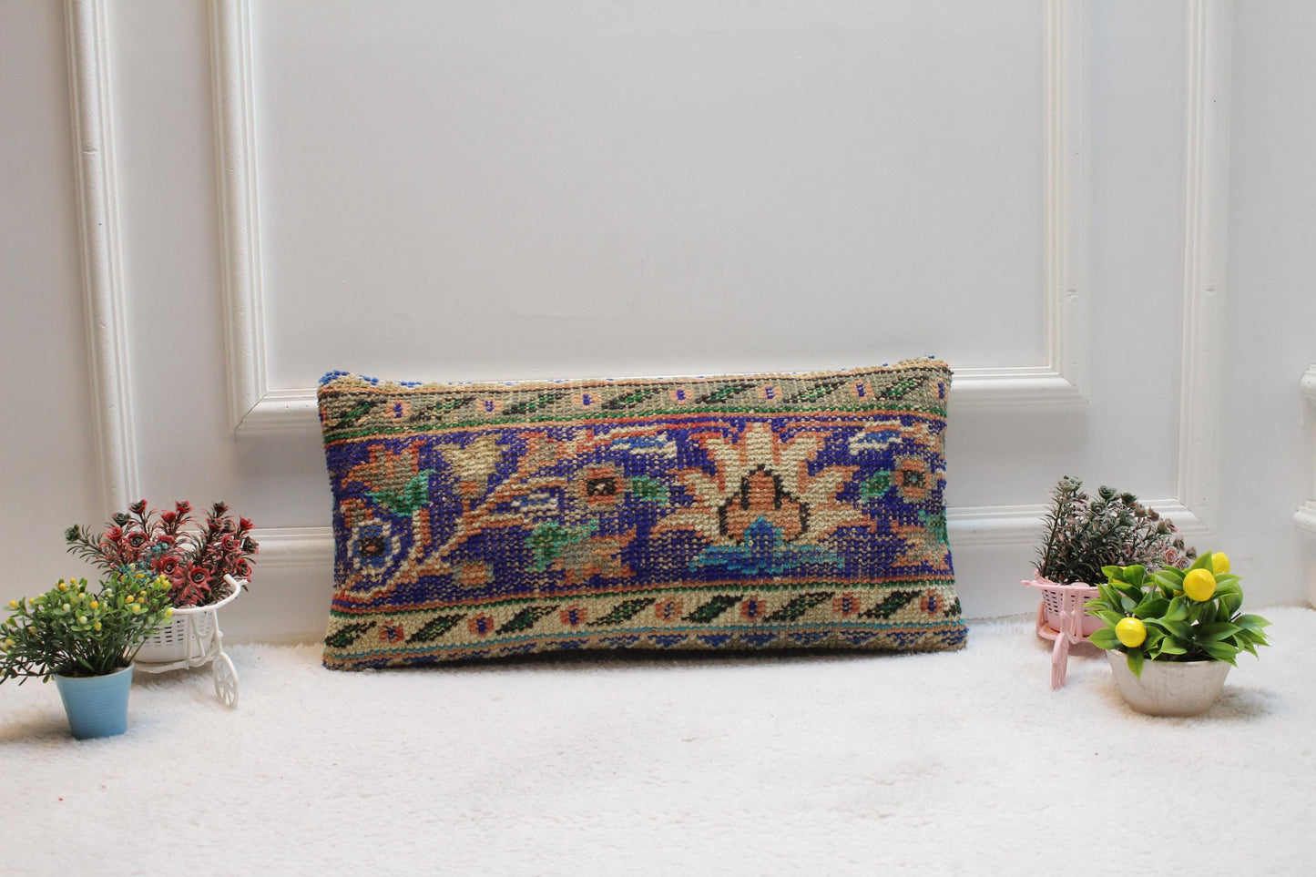 Blue Floral Turkish Rug Pillow Cover: Vintage Lumbar Cushion (12x24 inc)