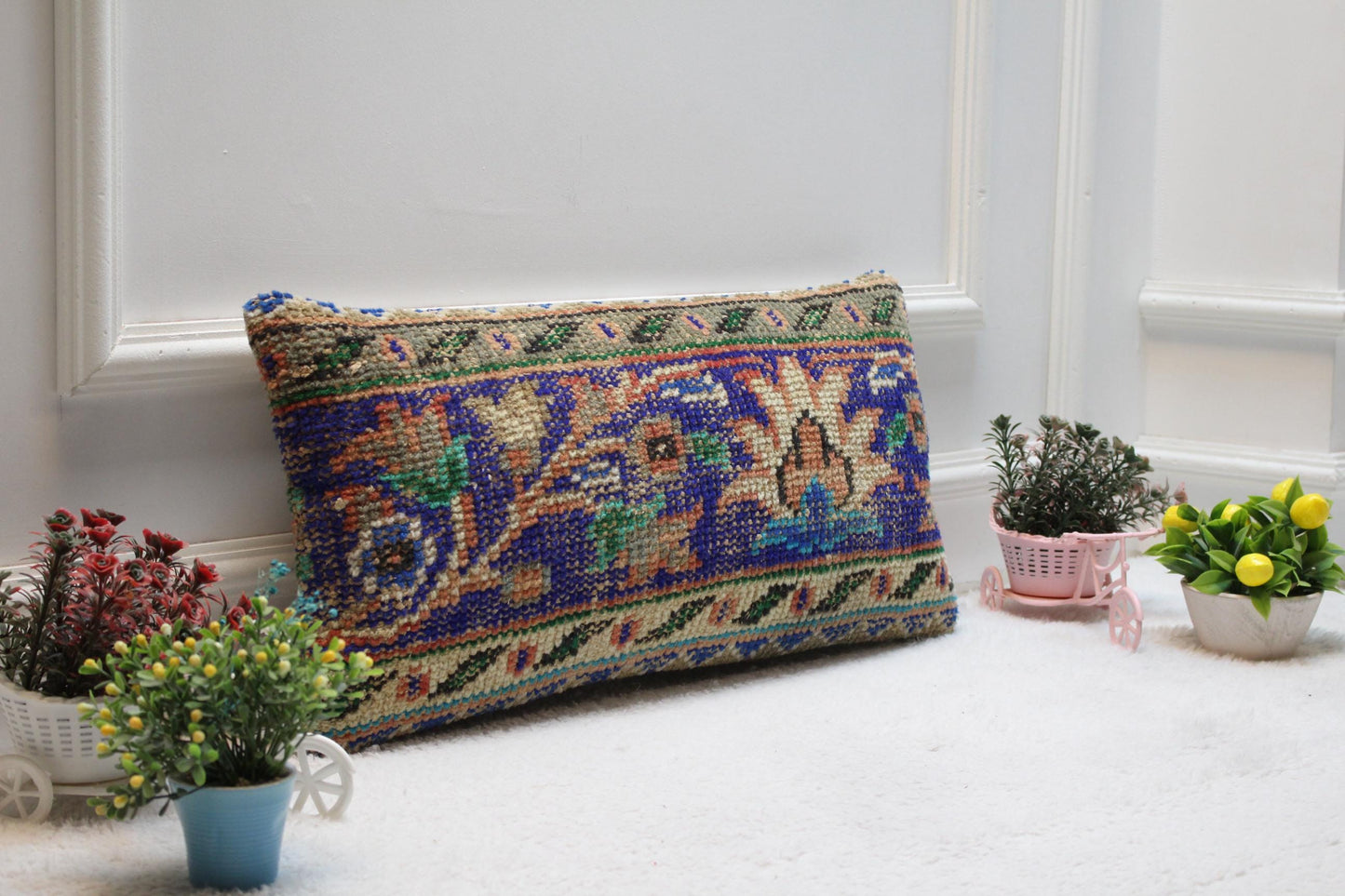 Blue Floral Turkish Rug Pillow Cover: Vintage Lumbar Cushion (12x24 inc)