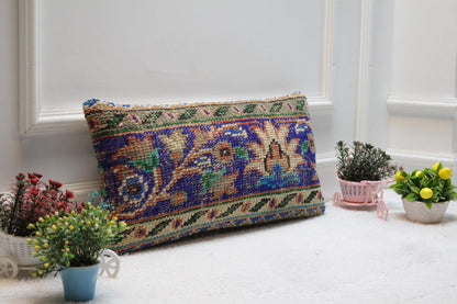 Blue Floral Turkish Rug Pillow Cover: Vintage Lumbar Cushion (12x24 inc)