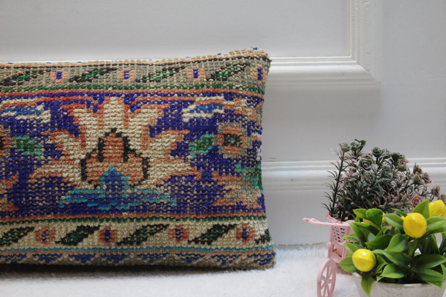 Blue Floral Turkish Rug Pillow Cover: Vintage Lumbar Cushion (12x24 inc)