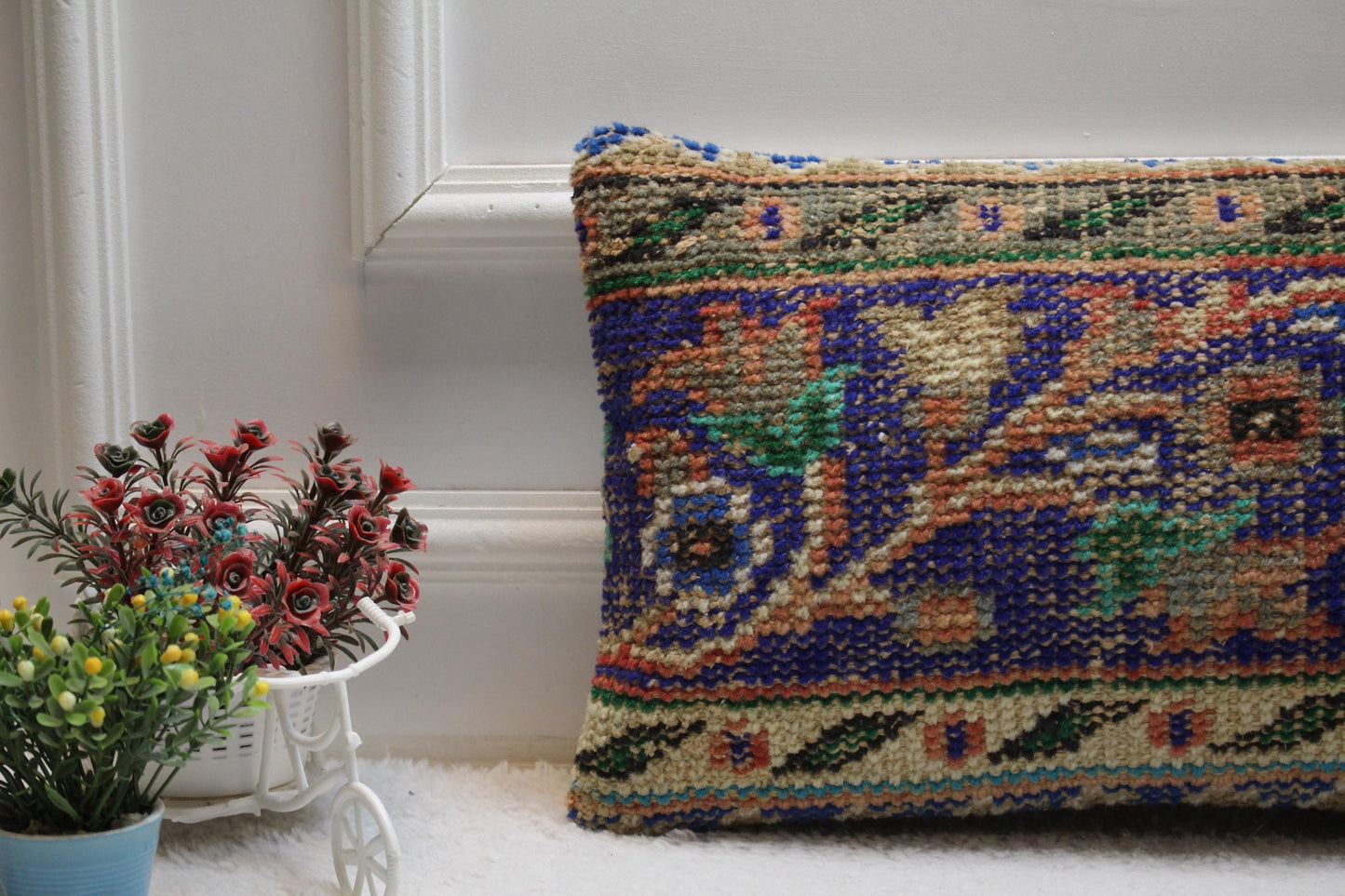 Blue Floral Turkish Rug Pillow Cover: Vintage Lumbar Cushion (12x24 inc)