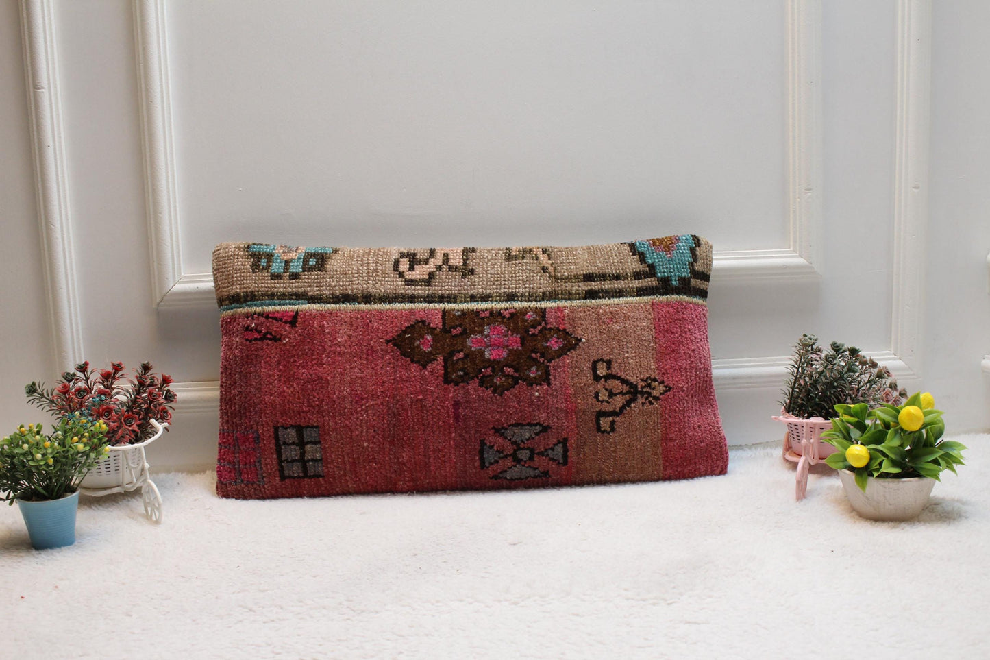 Handmade Pink Turkish Rug Pillow Cover: Organic Wool Lumbar Cushion (12x24 in)