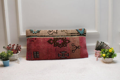 Handmade Pink Turkish Rug Pillow Cover: Organic Wool Lumbar Cushion (12x24 in)