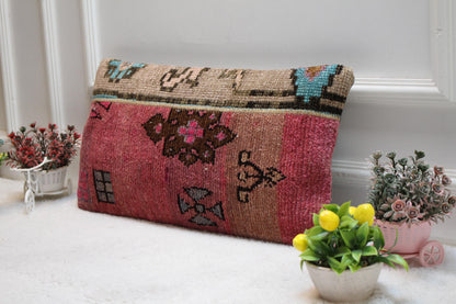 Handmade Pink Turkish Rug Pillow Cover: Organic Wool Lumbar Cushion (12x24 in)