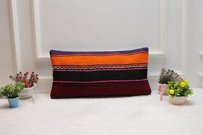 Striped Kilim Pillow Cover: Handmade Organic Wool Boho Throw (12x24 inc)