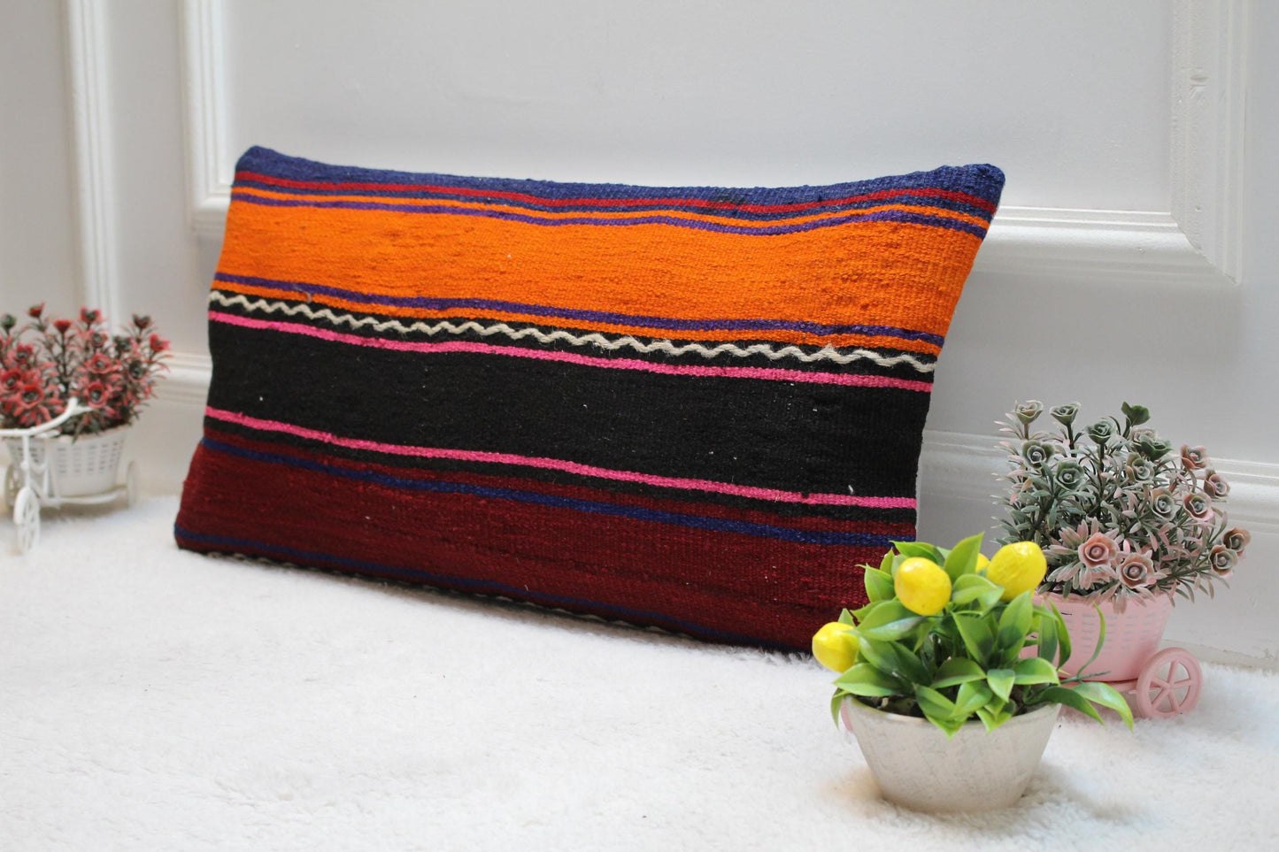 Striped Kilim Pillow Cover: Handmade Organic Wool Boho Throw (12x24 inc)