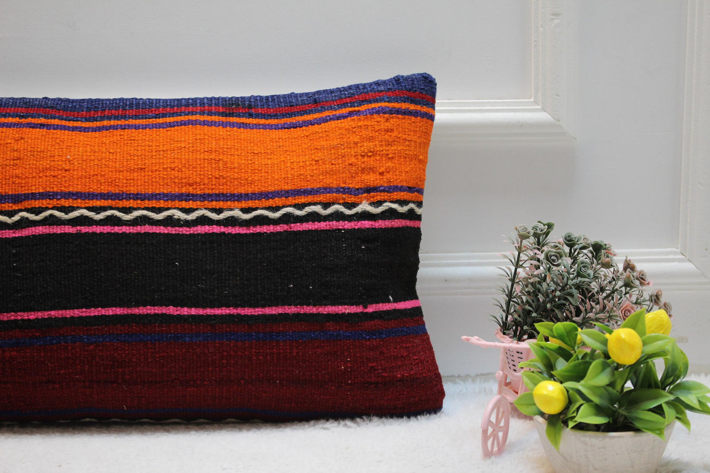 Striped Kilim Pillow Cover: Handmade Organic Wool Boho Throw (12x24 inc)