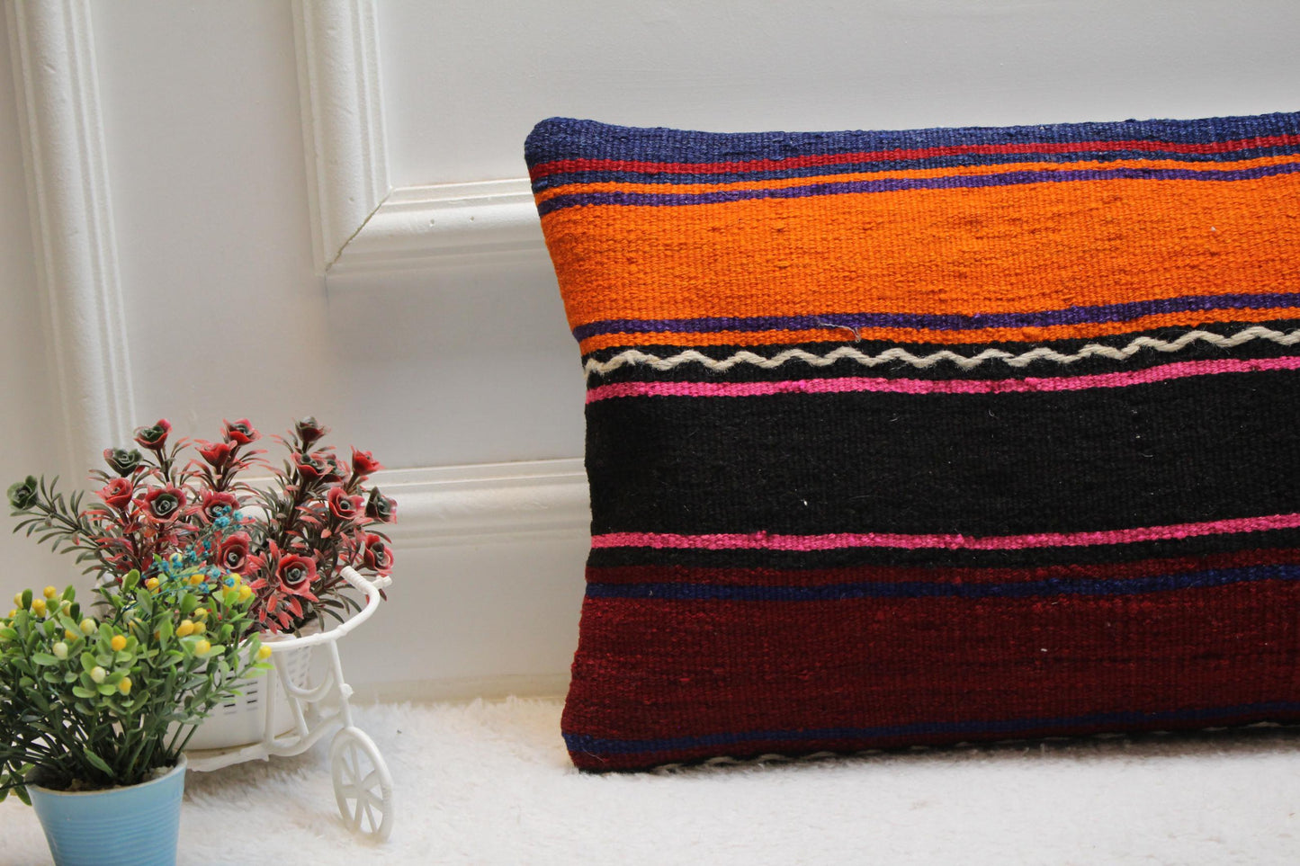 Striped Kilim Pillow Cover: Handmade Organic Wool Boho Throw (12x24 inc)