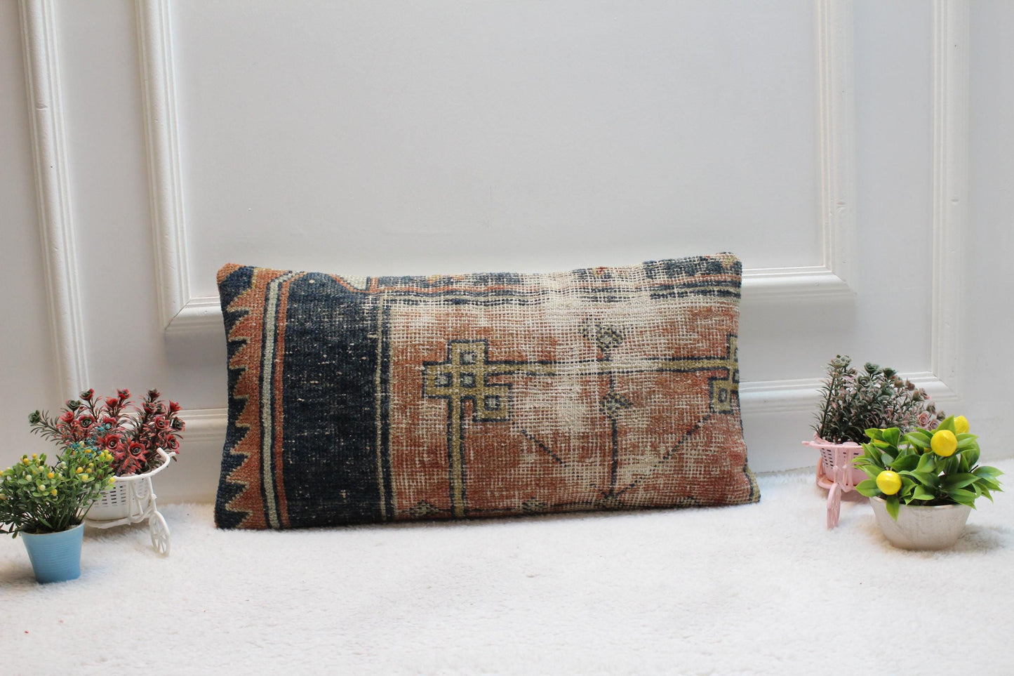 Handmade Kilim Pillow Cover: Upcycled Woven Rug, Bohemian Decor (12x24 inc)