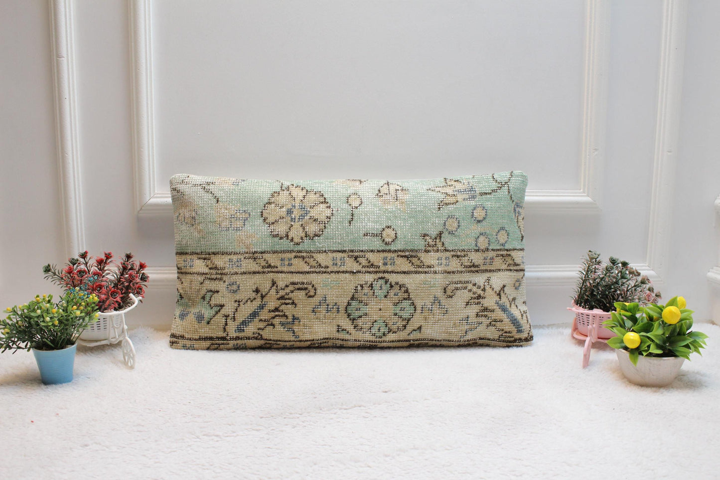 Blue Vintage Turkish Rug Pillow Cover: Handmade Wool Lumbar Pillow (12x24 inc)