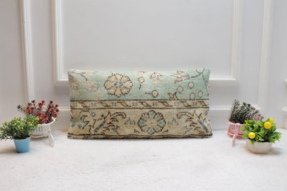 Blue Vintage Turkish Rug Pillow Cover: Handmade Wool Lumbar Pillow (12x24 inc)
