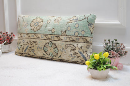 Blue Vintage Turkish Rug Pillow Cover: Handmade Wool Lumbar Pillow (12x24 inc)